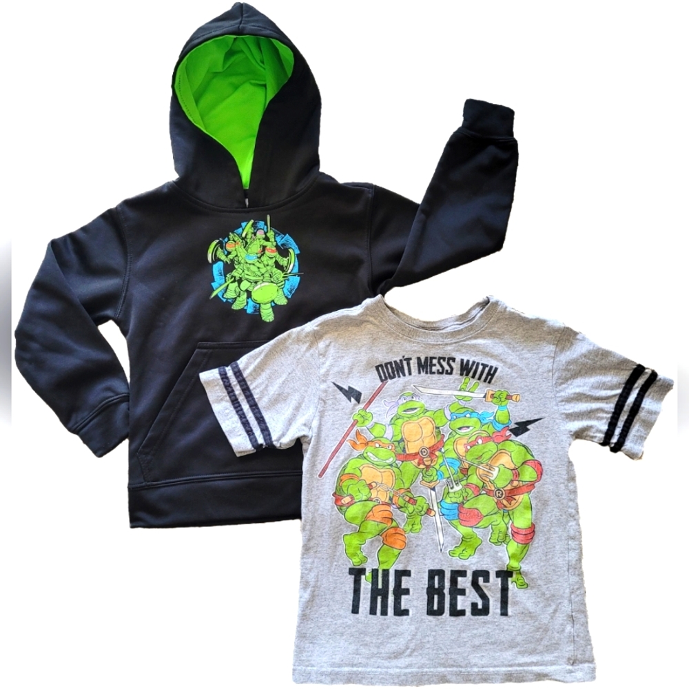 EUC Nickelodeon Bundle Boys Ninja Turtle Pullover Hoodie & T-Shirt - Black/Gray